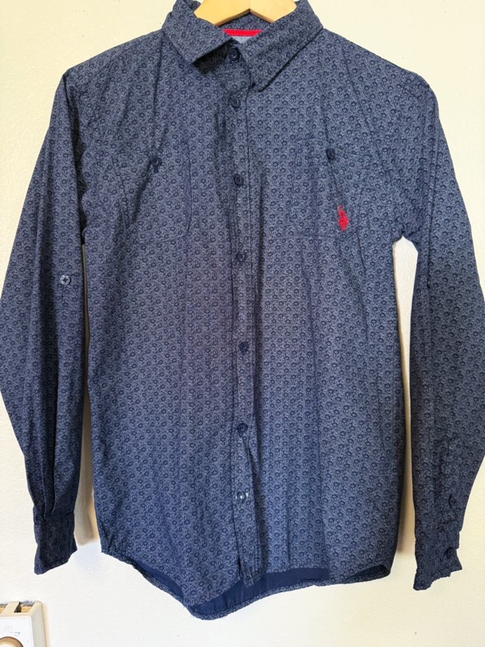 U.S. Polo Assn Boys Navy Microprint Button Down Shirt Red Pony Logo L